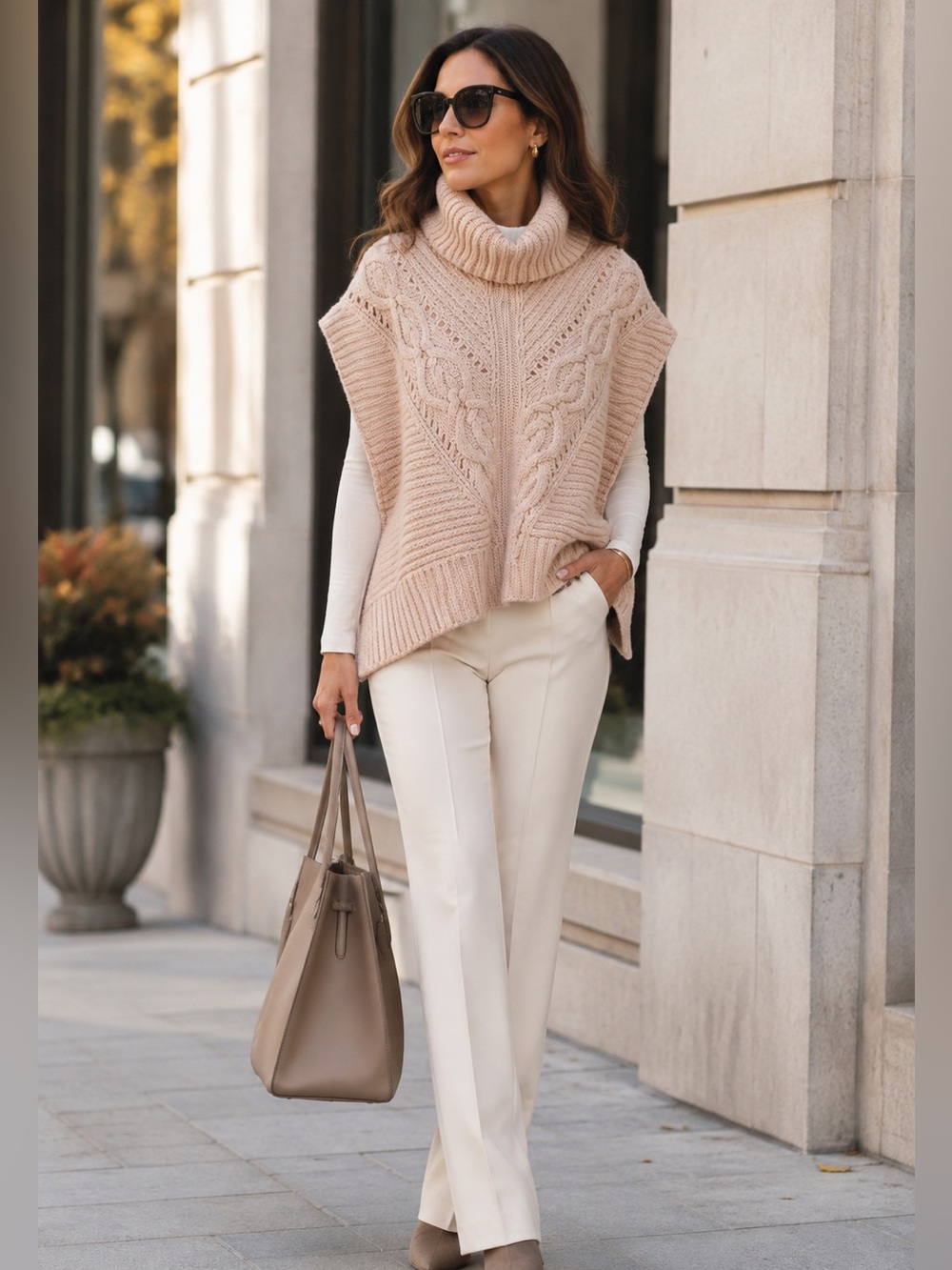 TRINA TURK Women's Dusty Blush Merino Wool Cable-Knit Turtleneck Poncho Sweater